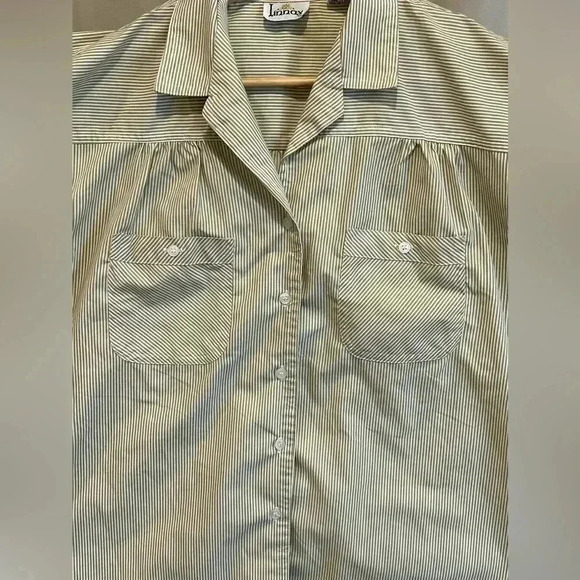 Vintage Linnay stripe boxy cap sleeve button down blouse pockets cream/white - Picture 8 of 10
